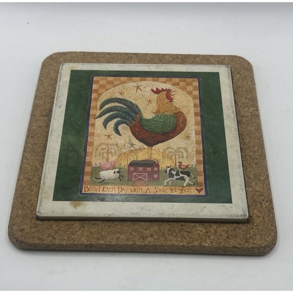 Large Ceramic Farm Animal Art Coaster Rooster Cow Sheep Pig Cork Back Non-Slip